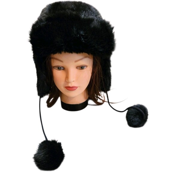 Victoria\'s Secret PINK Faux Fur Trapper Hat Black With Pom Pom Ties Ear Flaps